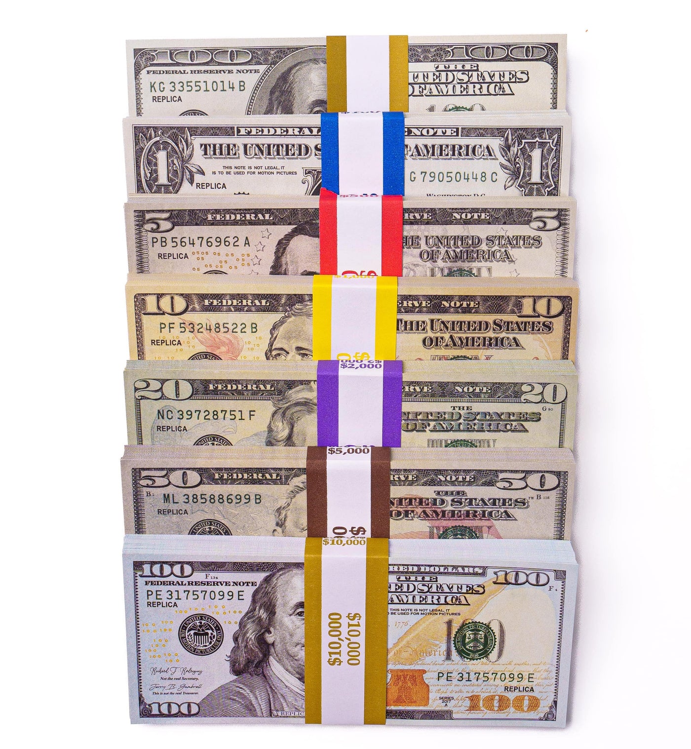 Seven banded stacks of replica bills in every denomination, from $1 to $100